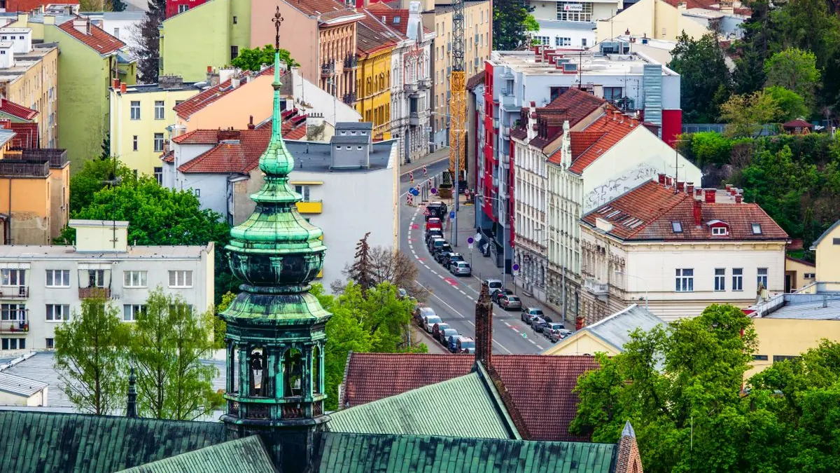 Historické centrum Brna s katedrálou z výšky
